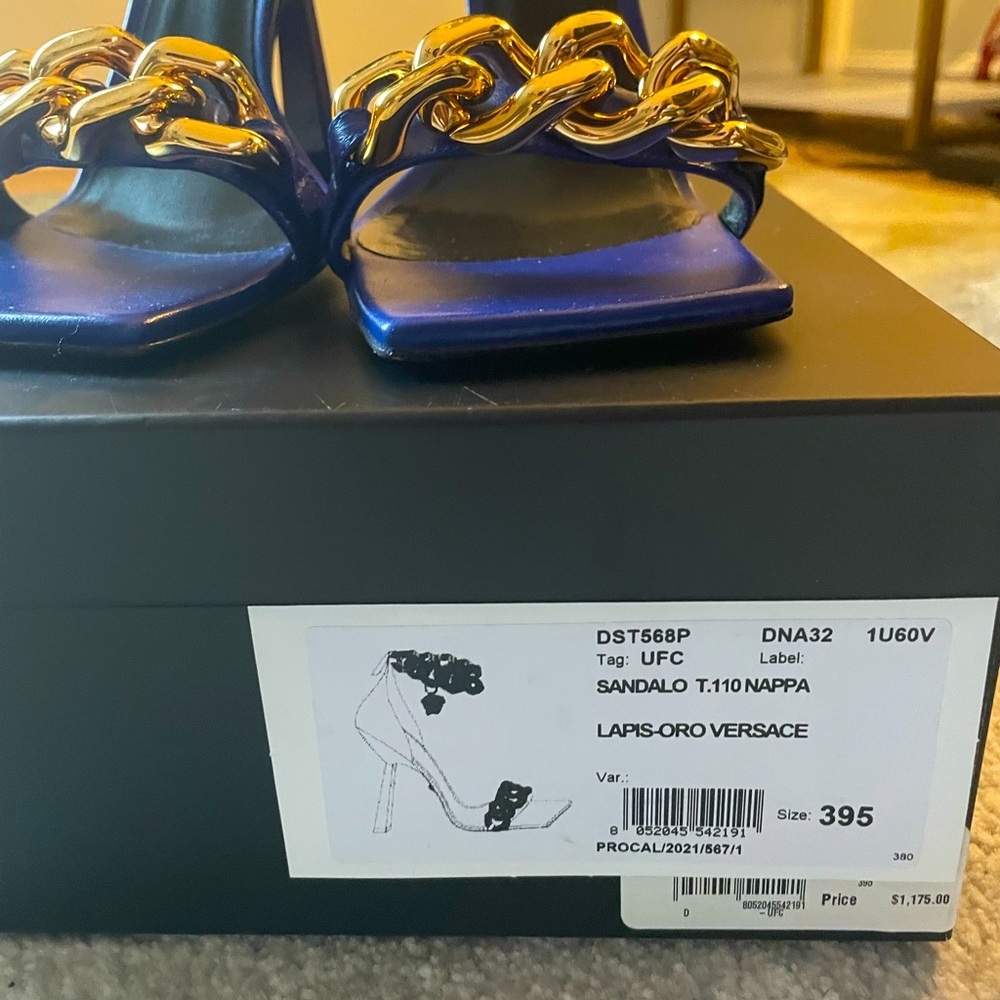 Blue Versace Gold Chain Medusa Charm Heels